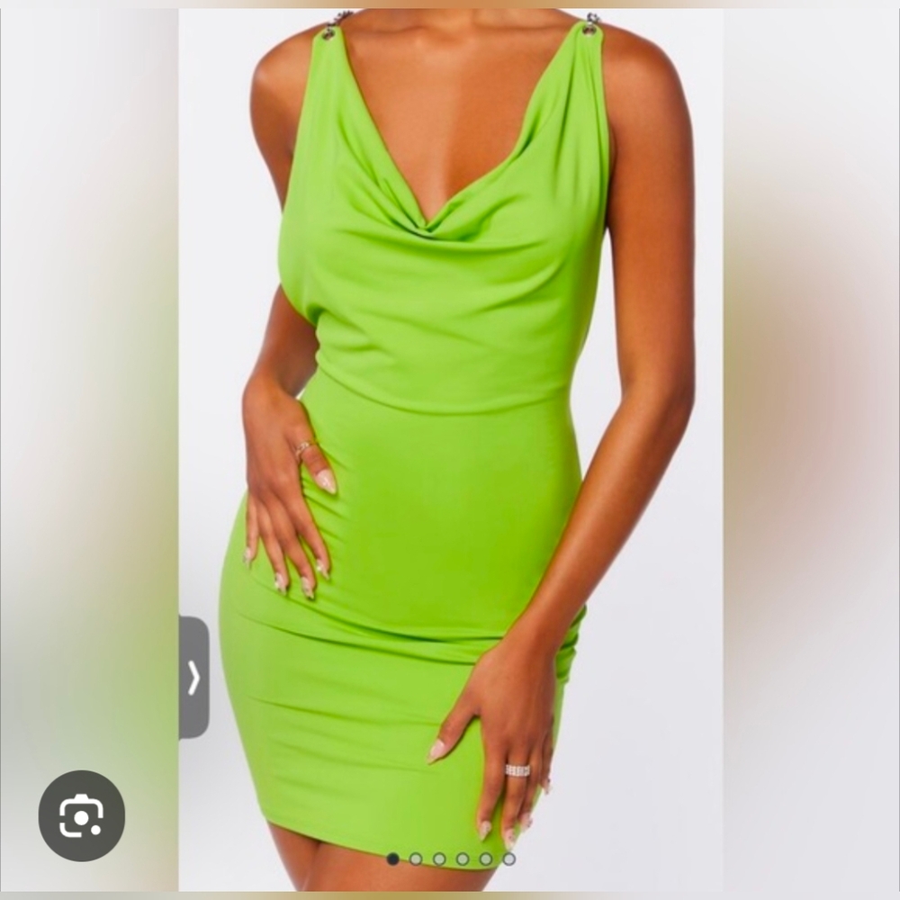 Forever 21 Cowl neck Mini Dress, Neon Green Color, Silver Chains open Back. NWT